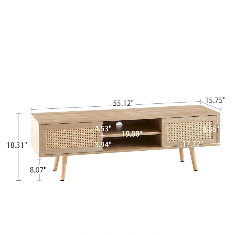 Meuble TV de 140 cm avec double portes coulissantes, pieds en bois massif et étagères réglables