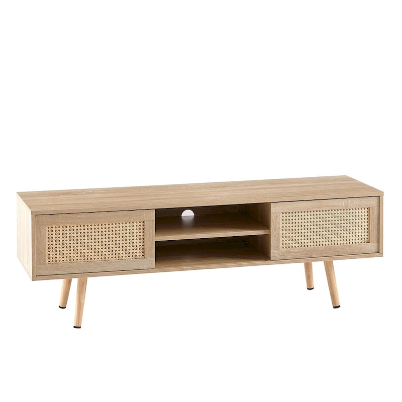 Meuble TV de 140 cm avec double portes coulissantes, pieds en bois massif et étagères réglables
