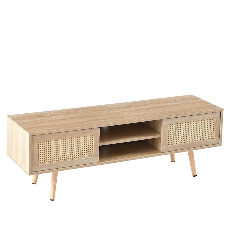Meuble TV de 140 cm avec double portes coulissantes, pieds en bois massif et étagères réglables