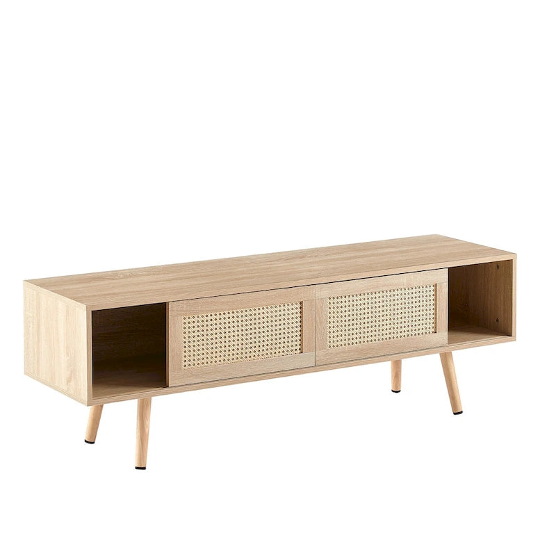 Meuble TV de 140 cm avec double portes coulissantes, pieds en bois massif et étagères réglables