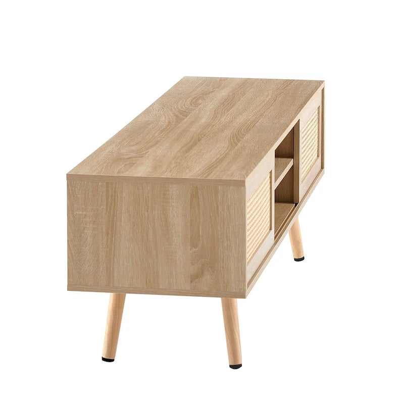 Meuble TV de 140 cm avec double portes coulissantes, pieds en bois massif et étagères réglables