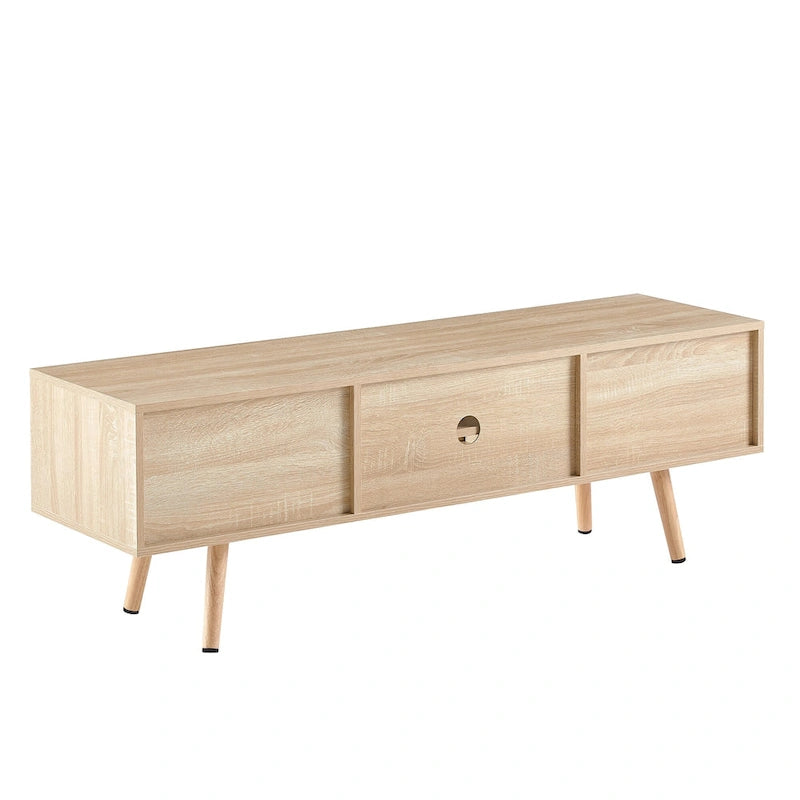 Meuble TV de 140 cm avec double portes coulissantes, pieds en bois massif et étagères réglables