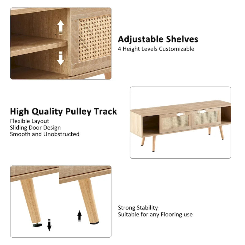 Meuble TV de 140 cm avec double portes coulissantes, pieds en bois massif et étagères réglables