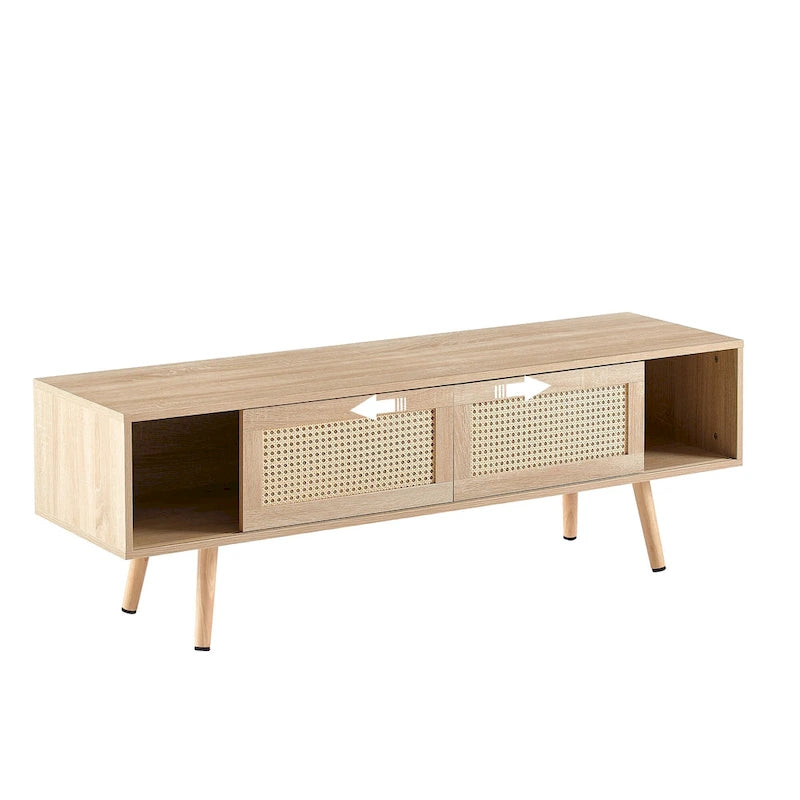 Meuble TV de 140 cm avec double portes coulissantes, pieds en bois massif et étagères réglables