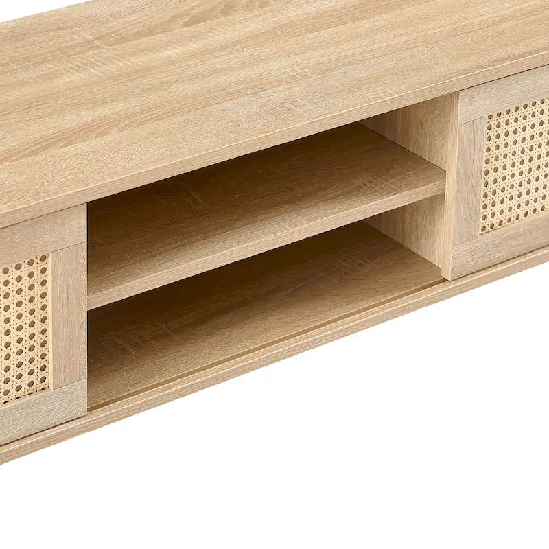 Meuble TV de 140 cm avec double portes coulissantes, pieds en bois massif et étagères réglables