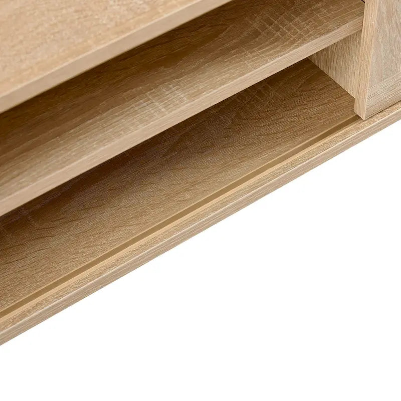 Meuble TV de 140 cm avec double portes coulissantes, pieds en bois massif et étagères réglables