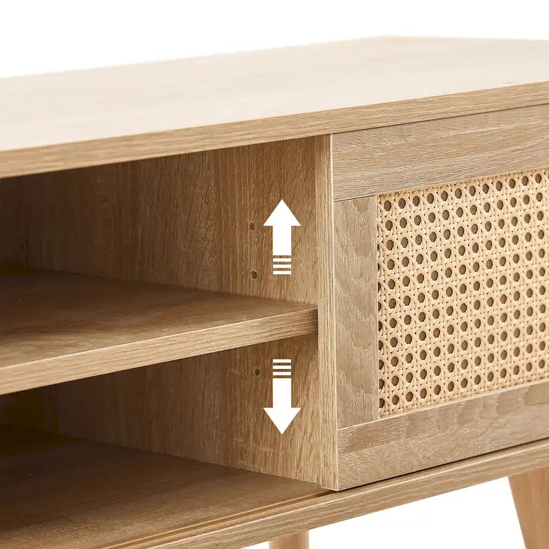 Meuble TV de 140 cm avec double portes coulissantes, pieds en bois massif et étagères réglables