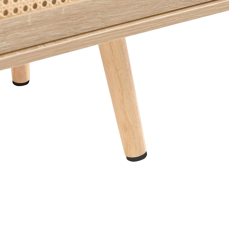 Meuble TV de 140 cm avec double portes coulissantes, pieds en bois massif et étagères réglables