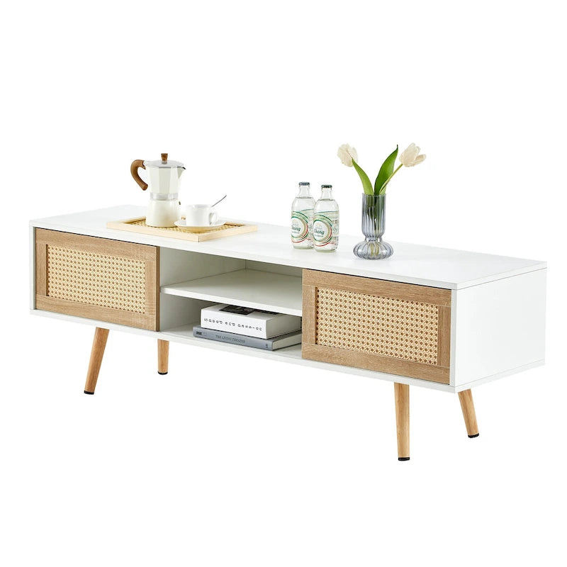 Meuble TV de 140 cm avec double portes coulissantes, pieds en bois massif et étagères réglables