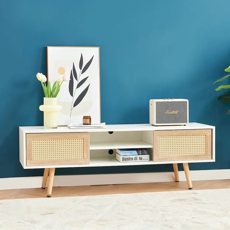 Meuble TV de 140 cm avec double portes coulissantes, pieds en bois massif et étagères réglables