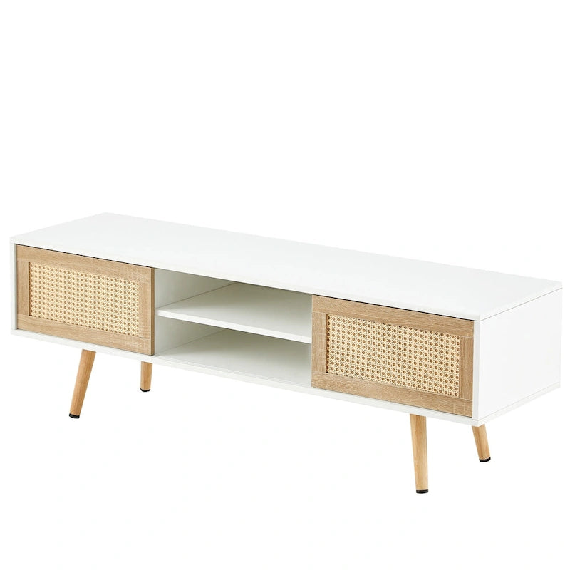Meuble TV de 140 cm avec double portes coulissantes, pieds en bois massif et étagères réglables