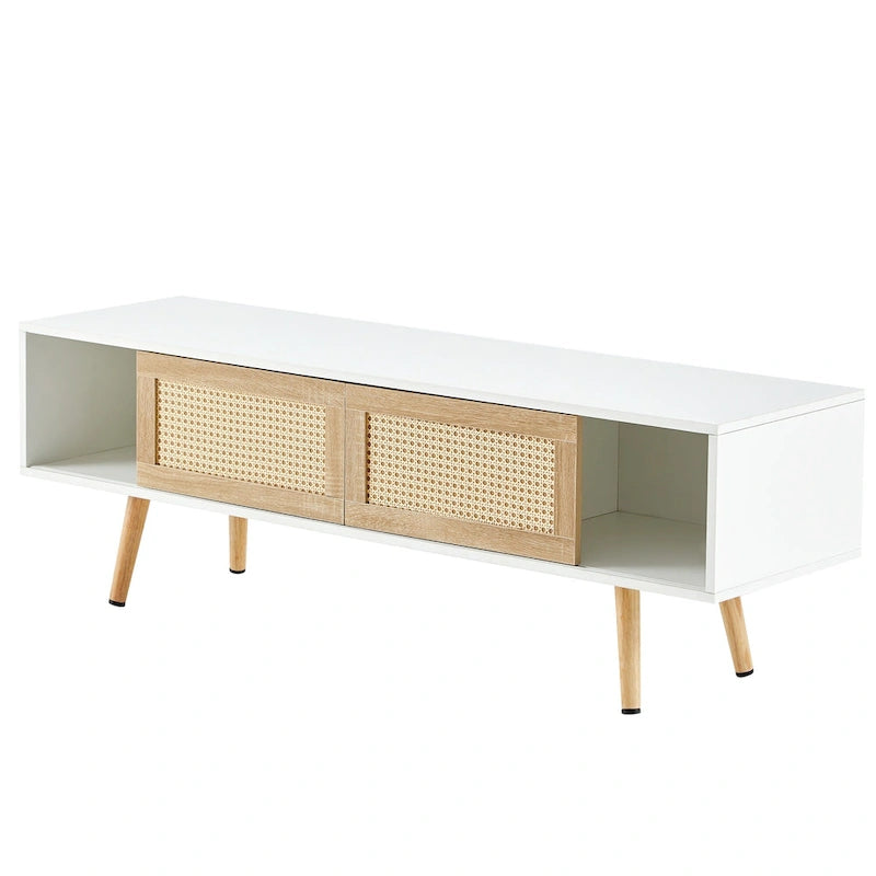 Meuble TV de 140 cm avec double portes coulissantes, pieds en bois massif et étagères réglables