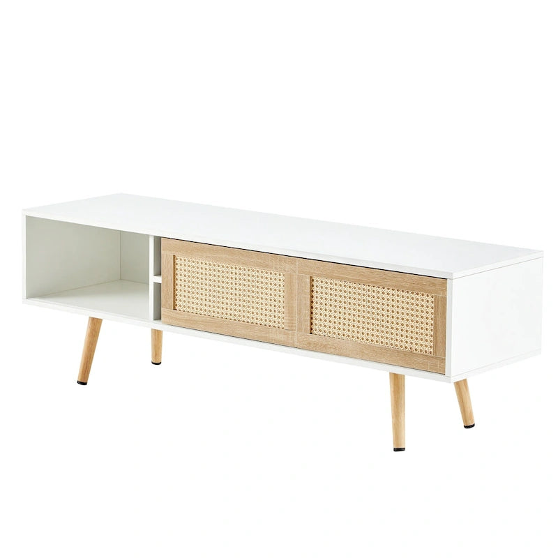 Meuble TV de 140 cm avec double portes coulissantes, pieds en bois massif et étagères réglables