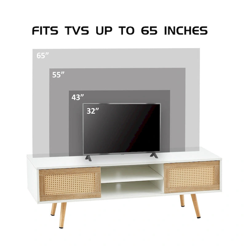 Meuble TV de 140 cm avec double portes coulissantes, pieds en bois massif et étagères réglables