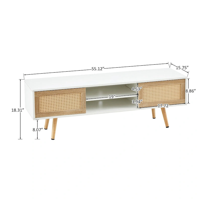 Meuble TV de 140 cm avec double portes coulissantes, pieds en bois massif et étagères réglables
