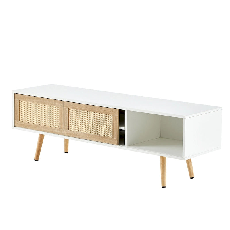 Meuble TV de 140 cm avec double portes coulissantes, pieds en bois massif et étagères réglables