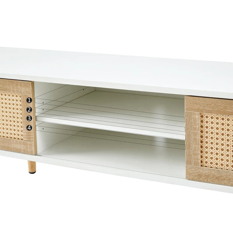 Meuble TV de 140 cm avec double portes coulissantes, pieds en bois massif et étagères réglables