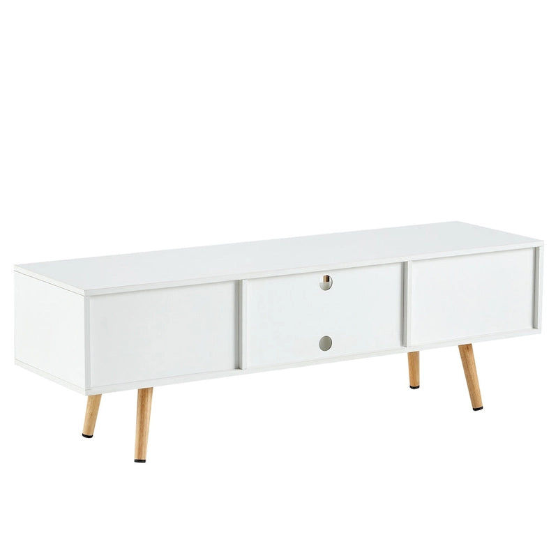 Meuble TV de 140 cm avec double portes coulissantes, pieds en bois massif et étagères réglables