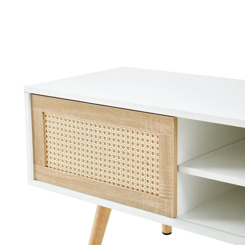 Meuble TV de 140 cm avec double portes coulissantes, pieds en bois massif et étagères réglables