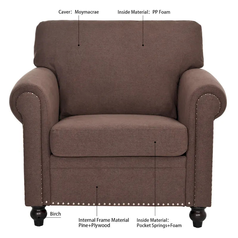 Fauteuil de salon rembourré marron de style moderne de 95 cm