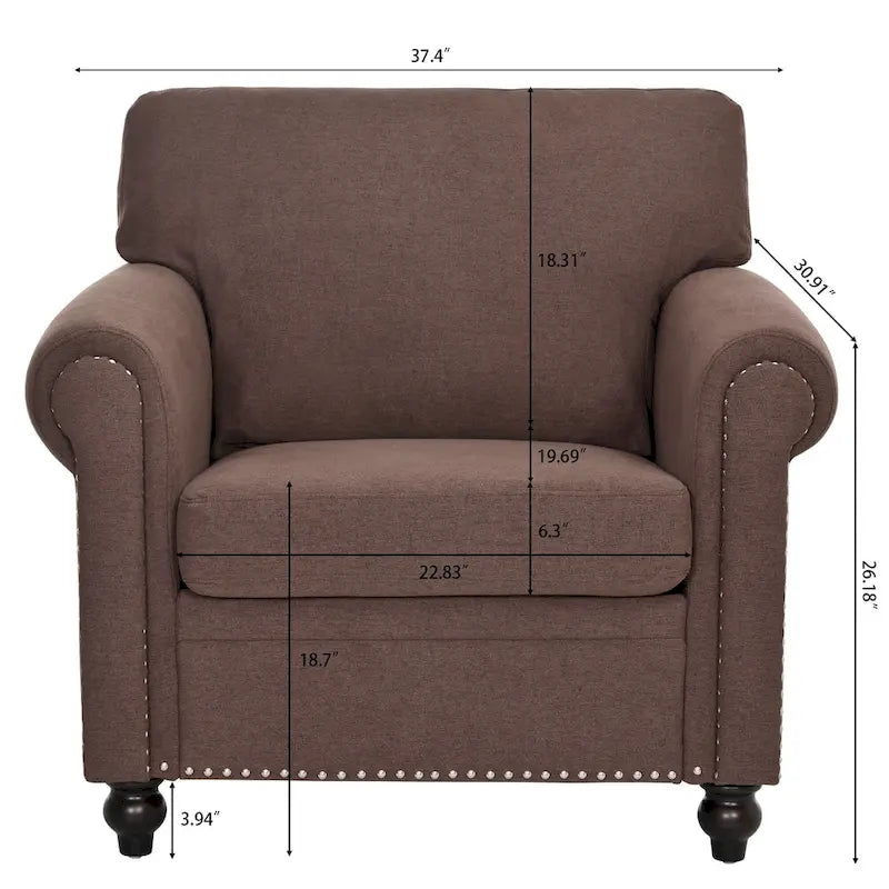 Fauteuil de salon rembourré marron de style moderne de 95 cm