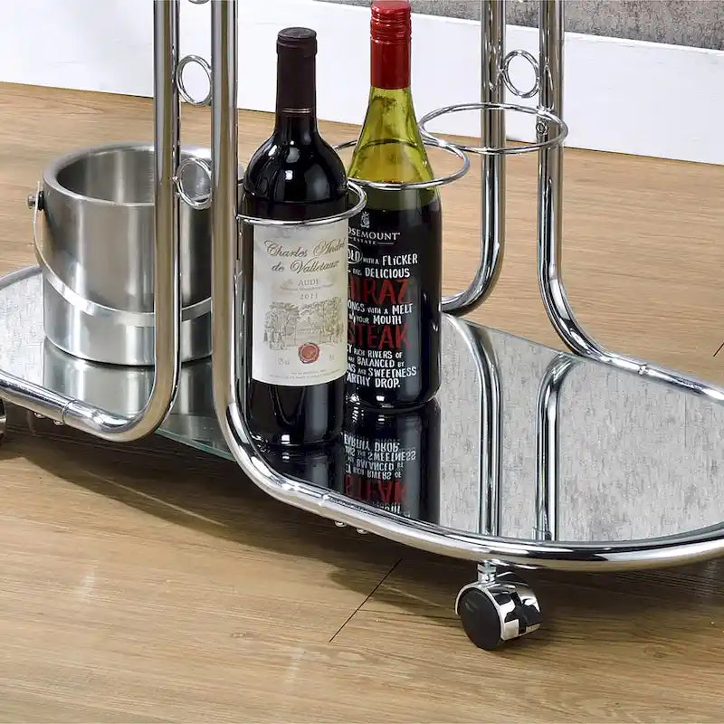 Chariot de service moderne en chrome et verre avec roulettes