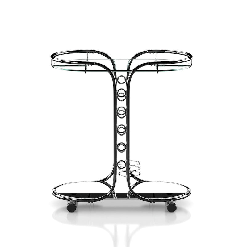 Chariot de service moderne en chrome et verre avec roulettes