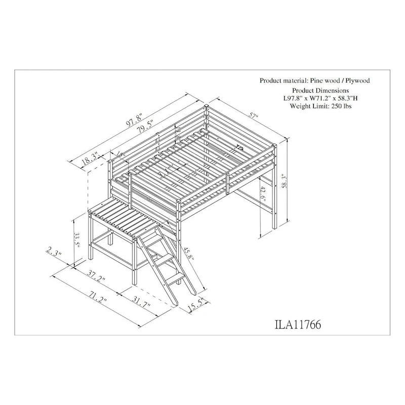 Lit mezzanine avec plateforme, échelle