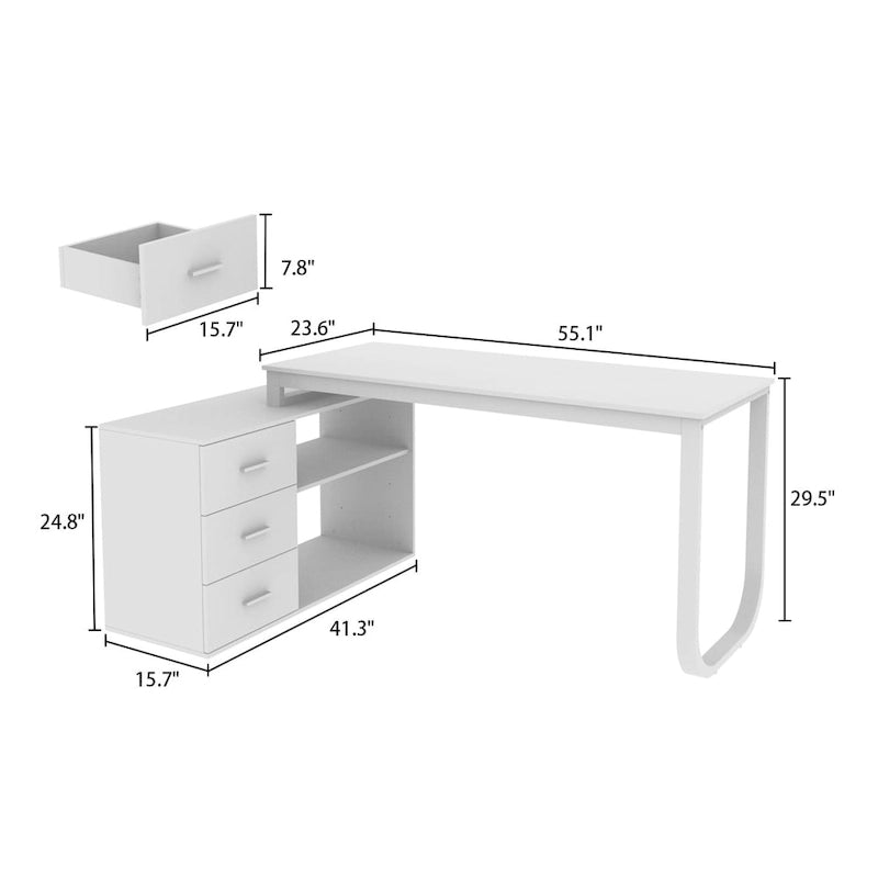 Bureau d'ordinateur d'angle en L de 55 pouces (avec tiroirs)