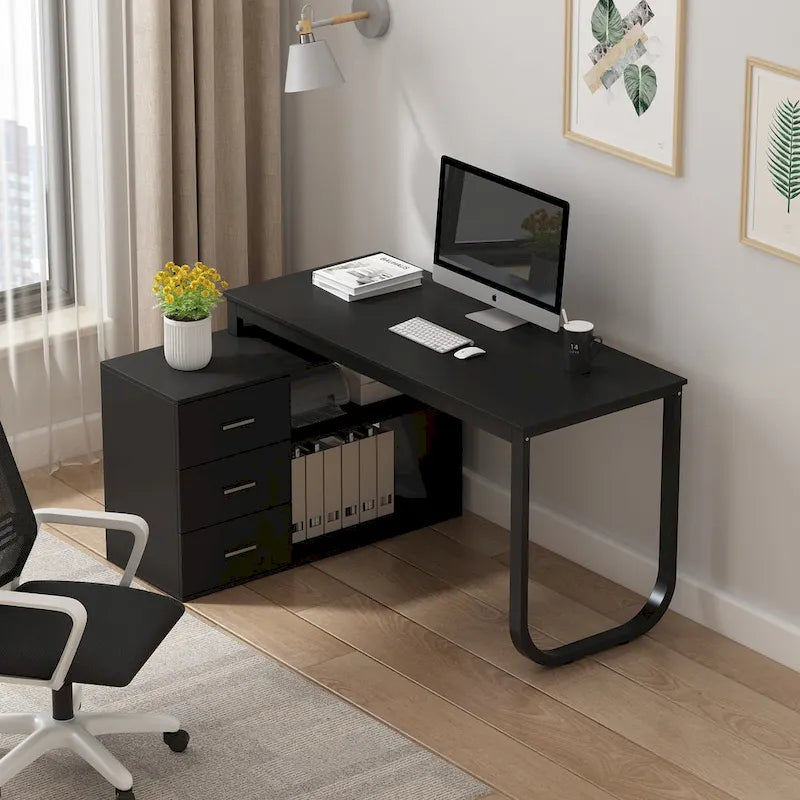 Bureau d'ordinateur d'angle en L de 55 pouces (avec tiroirs)