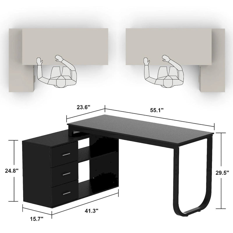 Bureau d'ordinateur d'angle en L de 55 pouces (avec tiroirs)