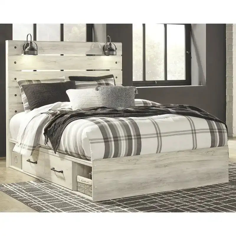 Lit-panneau blanc avec deux tiroirs de rangement sous le lit
