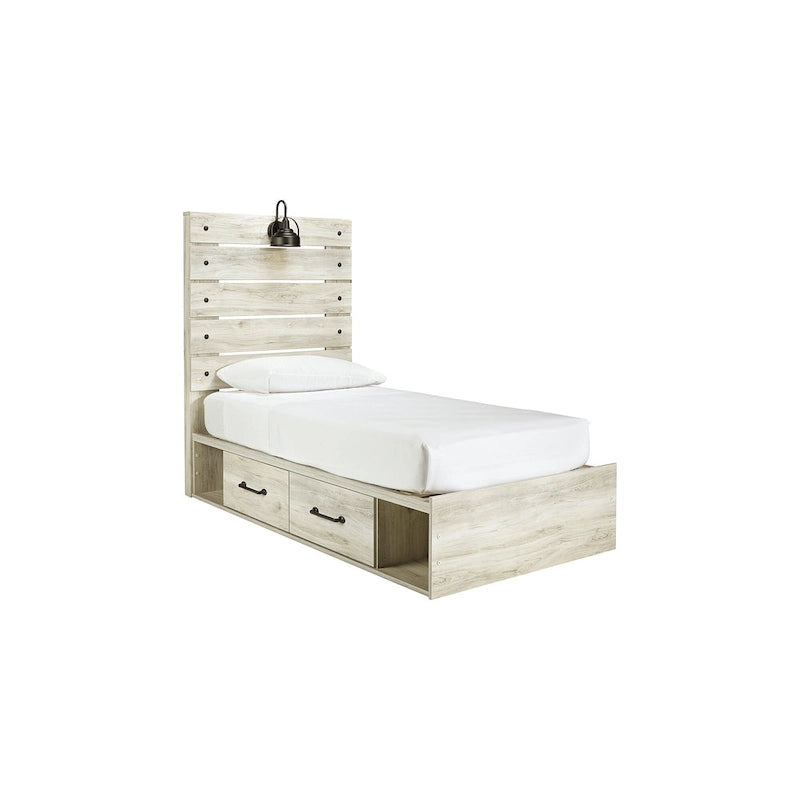 Lit-panneau blanc avec deux tiroirs de rangement sous le lit