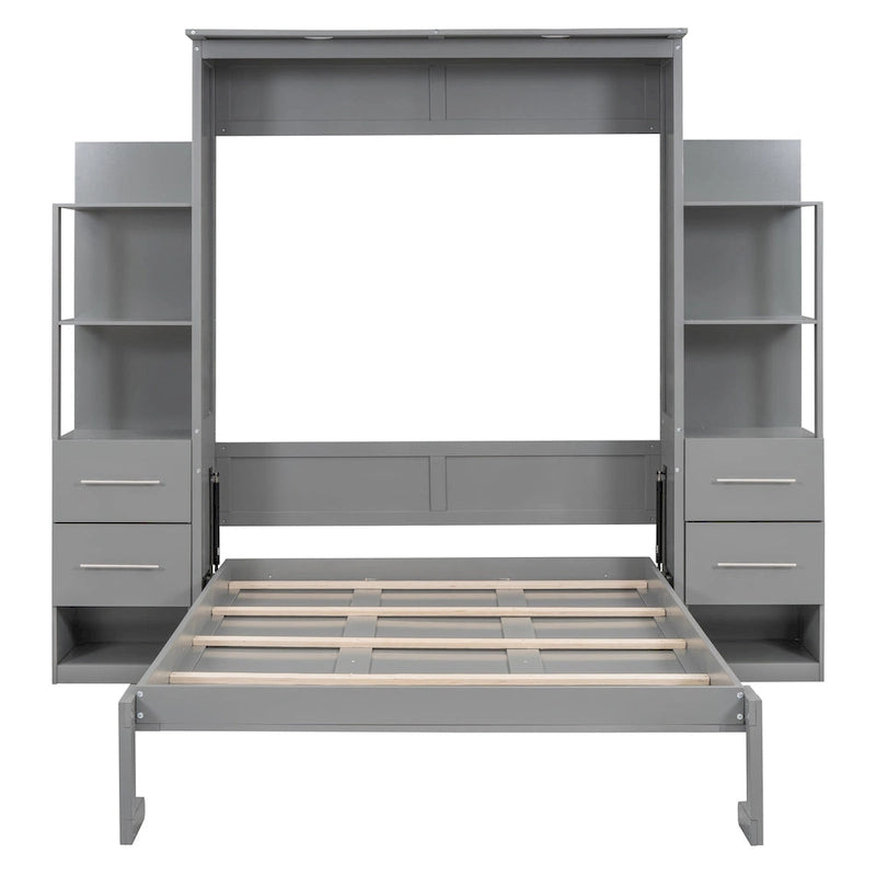 Murphy Bed Wall Bed with Shelves, Drawers and LED Lights