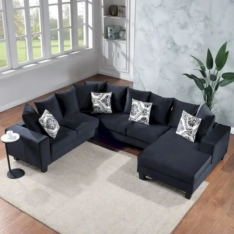Canapé sectionnel moderne en U, canapé d'angle en velours avec de nombreux oreillers inclus