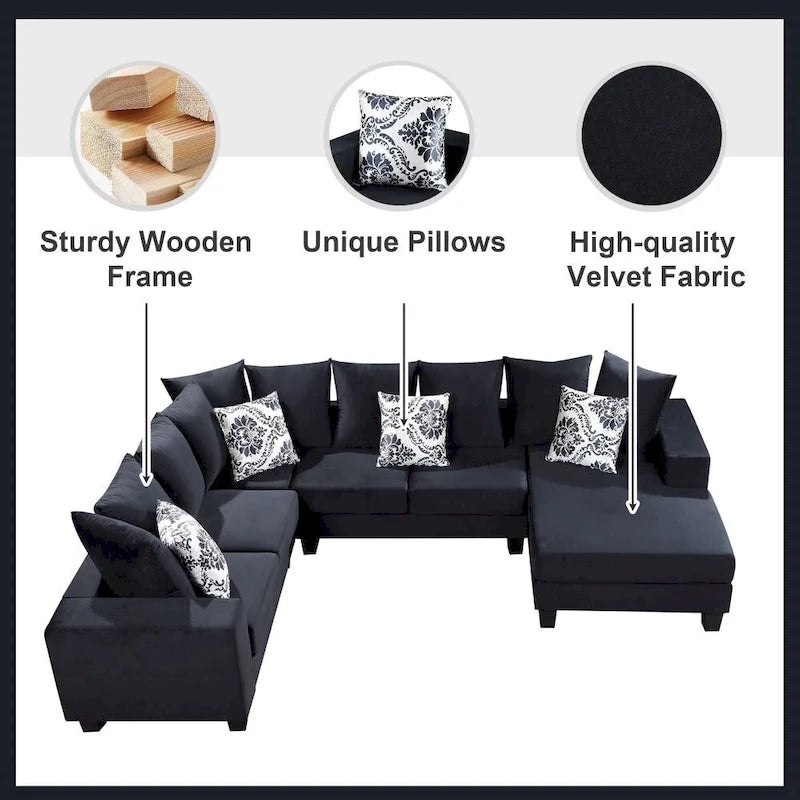 Canapé sectionnel moderne en U, canapé d'angle en velours avec de nombreux oreillers inclus