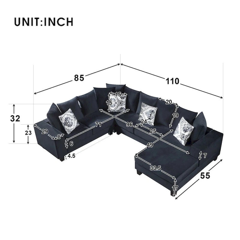 Canapé sectionnel moderne en U, canapé d'angle en velours avec de nombreux oreillers inclus