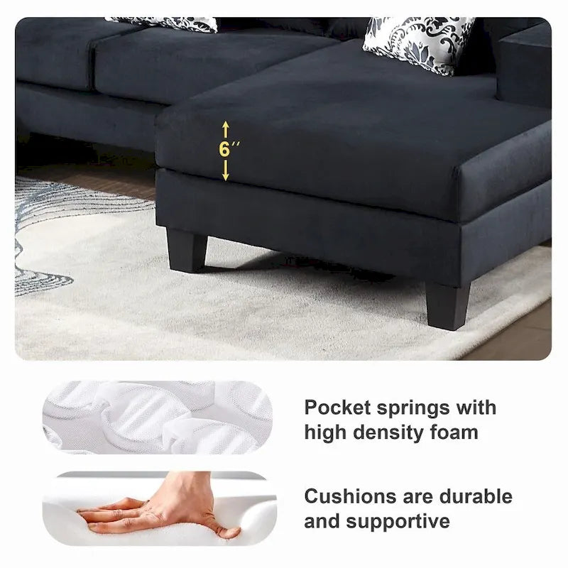 Canapé sectionnel moderne en U, canapé d'angle en velours avec de nombreux oreillers inclus