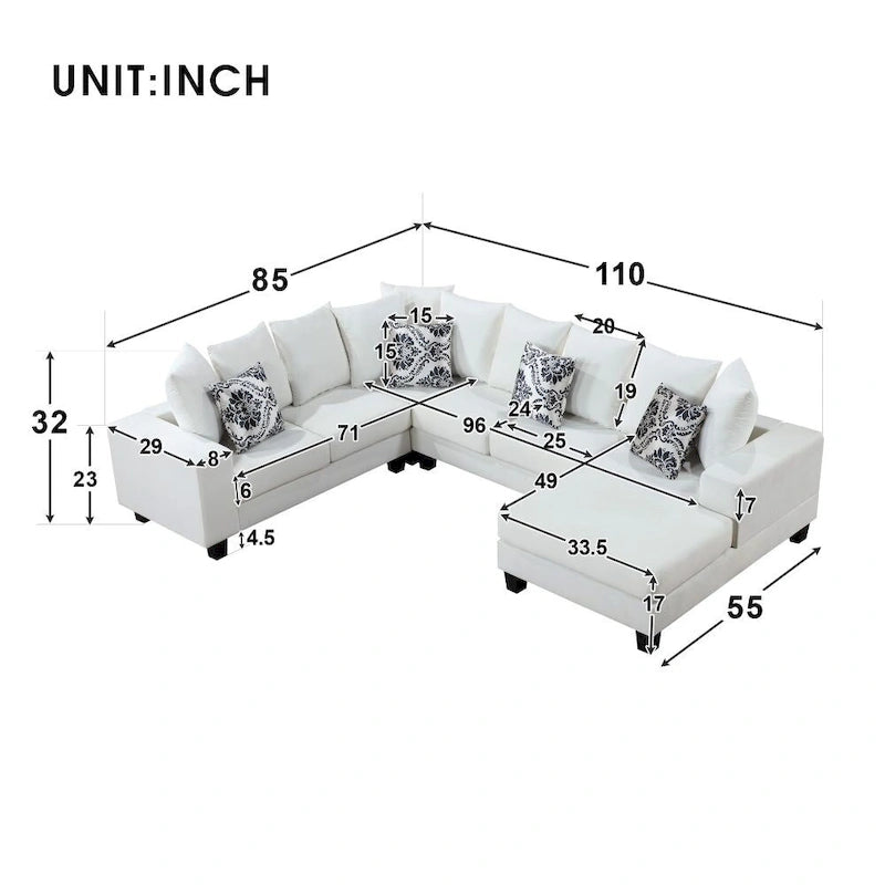 Canapé sectionnel moderne en U, canapé d'angle en velours avec de nombreux oreillers inclus