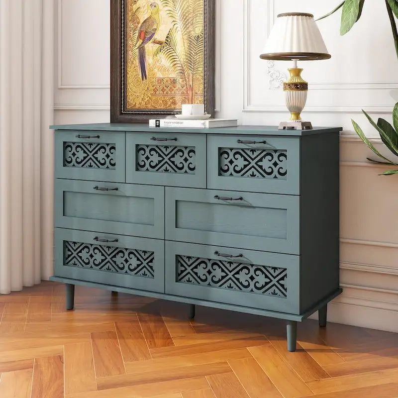 Commode à 7 tiroirs avec poignées en métal noir