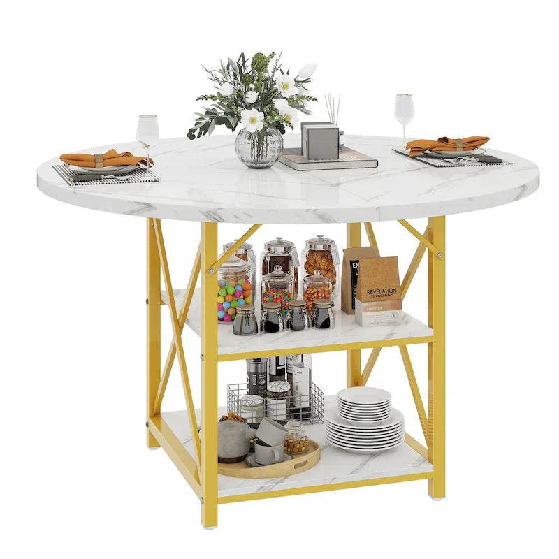 Table à manger ronde avec étagères de rangement et pieds en métal