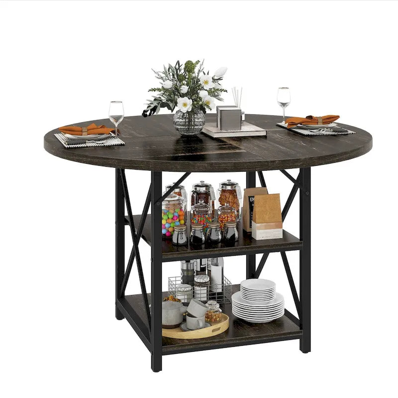 Table à manger ronde avec étagères de rangement et pieds en métal