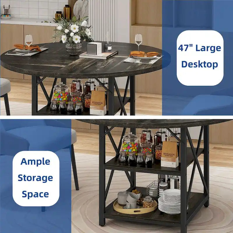 Table à manger ronde avec étagères de rangement et pieds en métal