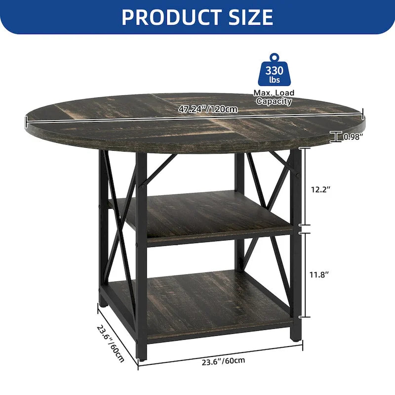 Table à manger ronde avec étagères de rangement et pieds en métal