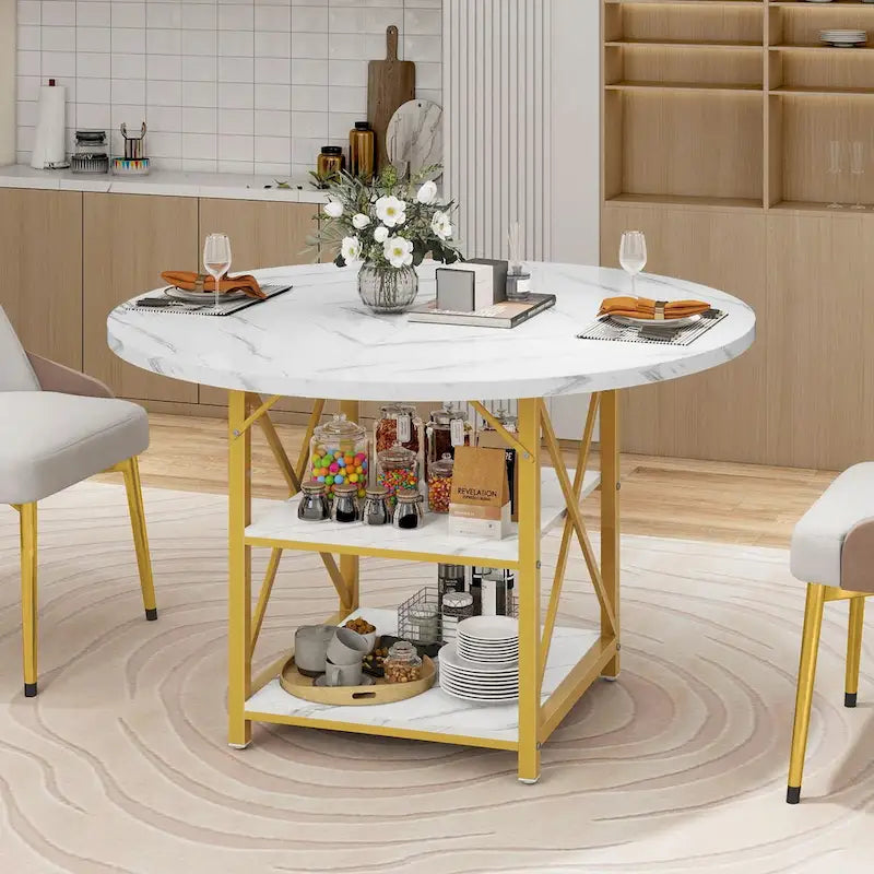 Table à manger ronde avec étagères de rangement et pieds en métal