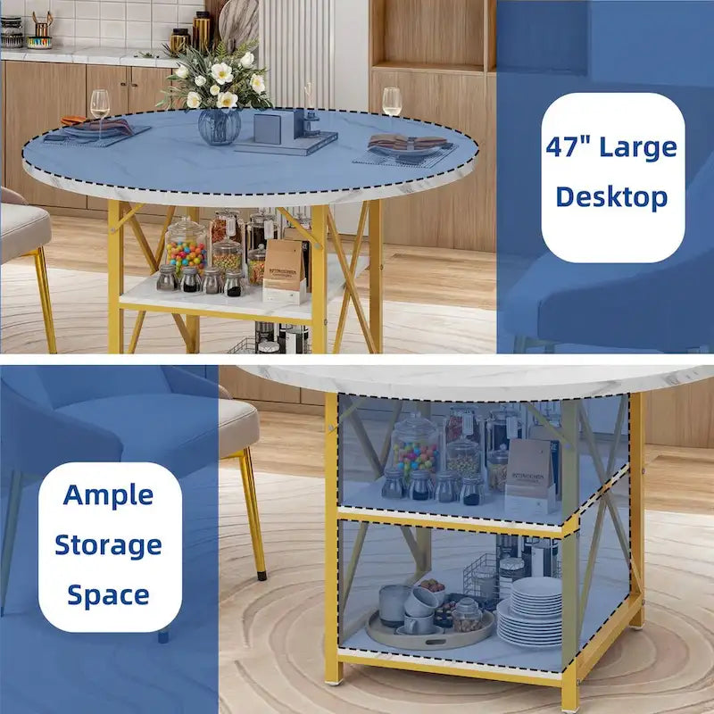 Table à manger ronde avec étagères de rangement et pieds en métal