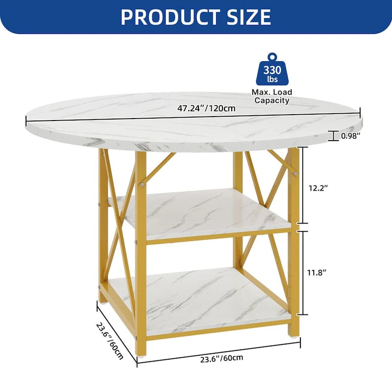 Table à manger ronde avec étagères de rangement et pieds en métal