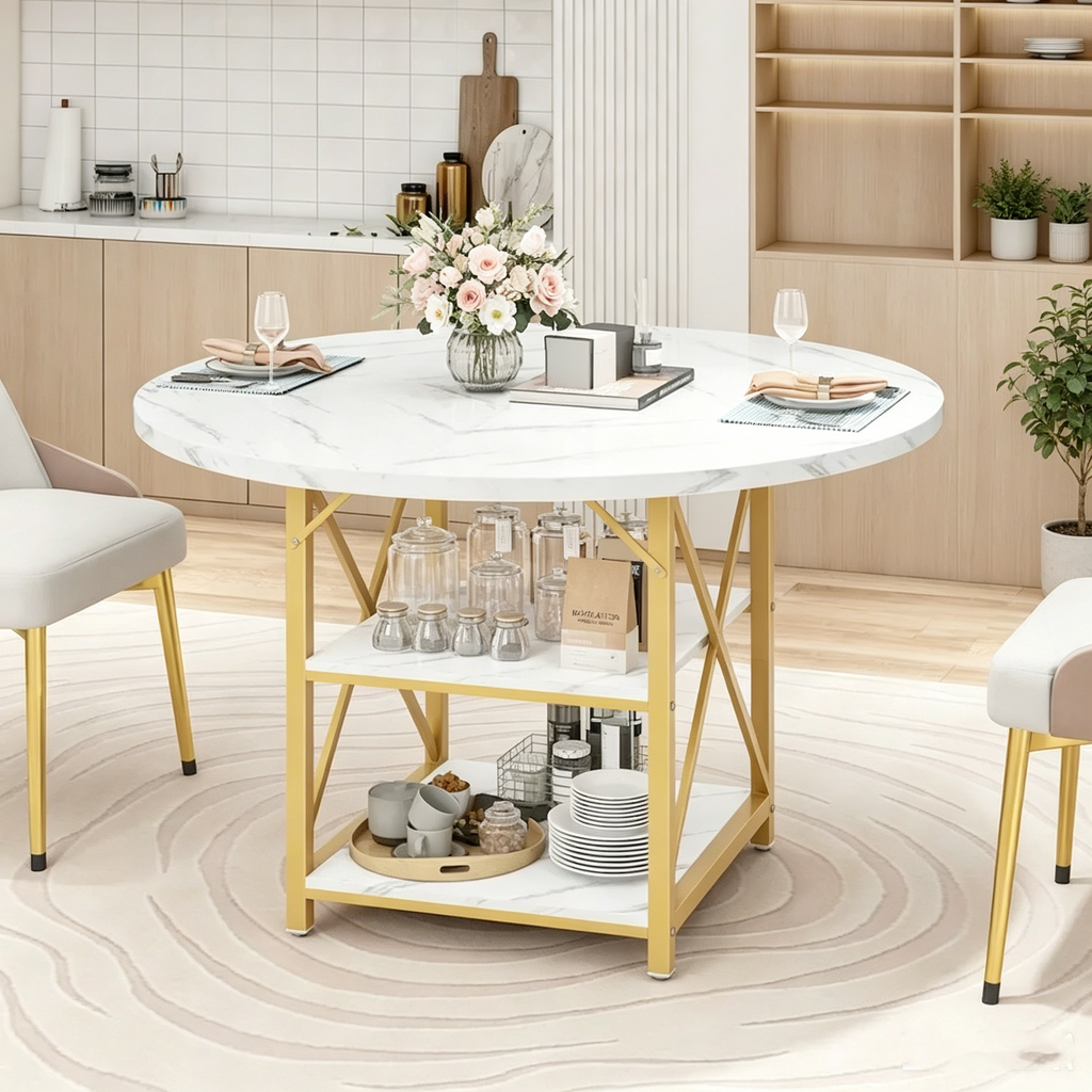Table à manger ronde avec étagères de rangement et pieds en métal
