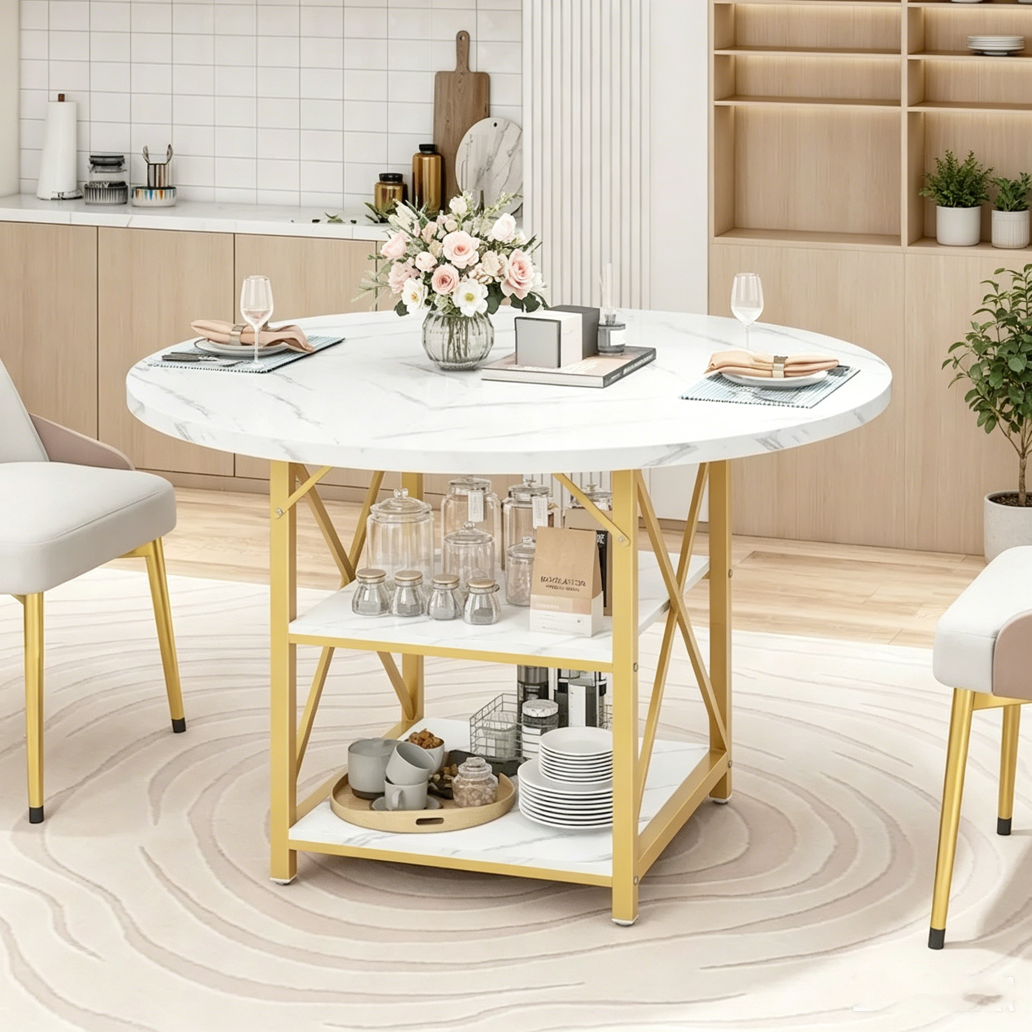 Table à manger ronde avec étagères de rangement et pieds en métal